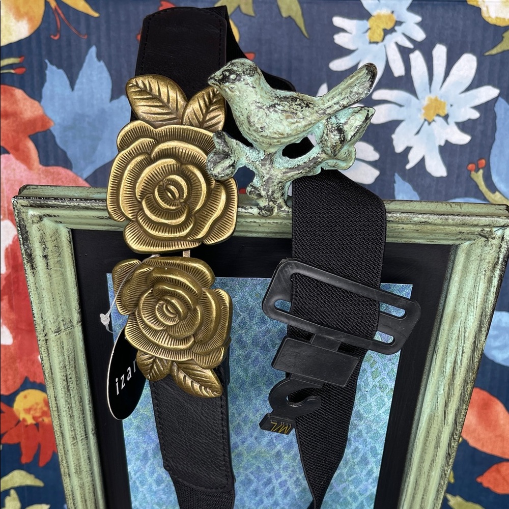Elegant Gold Roses Connecting Buckle on Black Elastic Waist Belt
